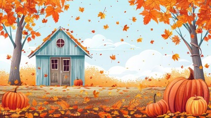 Cozy fall clipart featuring a scenic autumn landscape with falling leaves, a pumpkin patch, and a small wooden cabin, perfect for seasonal greetings