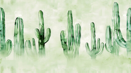 Minimalistic Watercolor Cactuses on Light Green Background - abstract design with space - Seamless tile. Endless and repeat print.