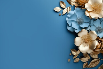 Blue and golden flowers against a dark blue background. Copy space