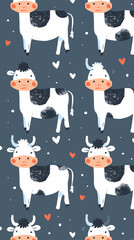 Cheerful Seamless Pattern with Cow, Grass, and Milk Packages on White Background