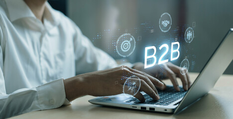 Naklejka premium Business person navigates B2B landscape, harness technology to enhance business-to-business connections. Discover reshapes B2B interactions, driving innovation in business-to-businesses strategies