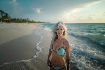 Stunning middle-aged woman with grey hair poses at beach generative ai