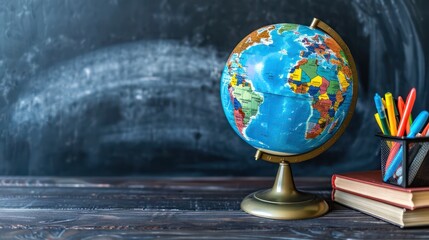 Bright color Globe with stack of book and a box of pens holder on the table with black chalkboard background copy space