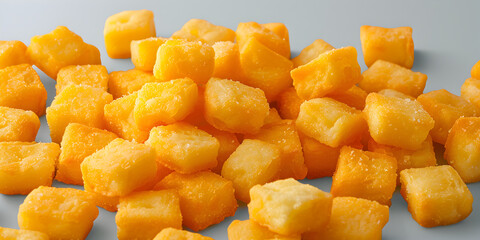 Professional food of Potato croutons, Dices of fried tofu on plate top view with blue background.