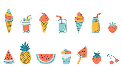 A collection of cartoon images of fruit, ice cream, drinks