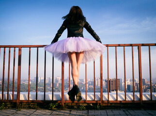 a ballerina in a tutu on the roof of a house jumps holding on to the fence at sunset admiring the...