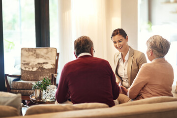 Senior couple, home and financial advisor with advice, support and helping with retirement plan....