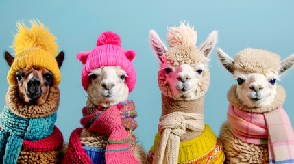 Alpacas in winer colorful hats on the blue background