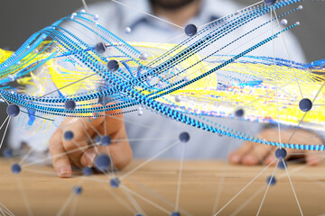 abstract lines with dots over dark background.