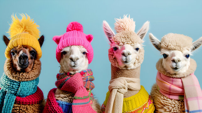 Alpacas in winer colorful hats on the blue background