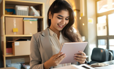 A indian woman in professional attire, smiling and looking at her tablet while standing near an office desk with boxes of goods behind it.