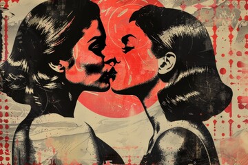 Young lesbian couple kissing. Contemporary art collage. Pop art retro style. Pride Month, Pride Day in June. Relationship, love, feelings. Freedom and pride LGBT people. Design for poster, print, card