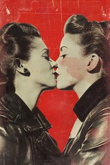 Young lesbian couple kissing. Contemporary art collage. Pop art retro style. Pride Month, Pride Day in June. Relationship, love, feelings. Freedom and pride LGBT people. Design for poster, print, card