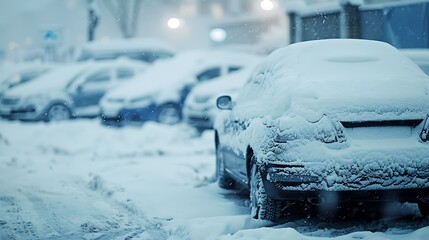 A car covered with snow parked in a wintry outdoor parking lot