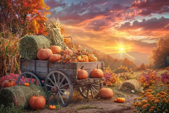 Rustic fall clipart scene with a harvest wagon full of pumpkins, cornstalks, and bales of hay, set against a sunset background