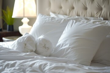 Inviting bedroom scene with white pillows and sheets bathed in warm morning light