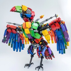 A multicolored mechanical bird with many arms, each holding different weapons and tools