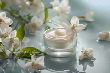 A jar of cream is sitting on a table with a bunch of white flowers. The flowers are arranged in a way that they are floating on the surface of the cream. Concept of luxury and indulgence