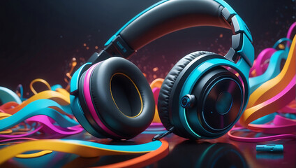 A pair of black over ear headphones with blue LED accents sits on a reflective surface. Colorful neon light streaks creating a dynamic and vibrant atmosphere against a dark background