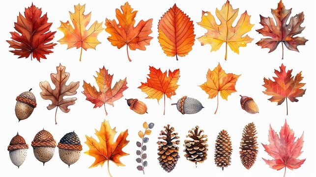 Vibrant fall clipart collection of leaves in various shades of orange, red, and yellow, artistically arranged with acorns and pine cones
