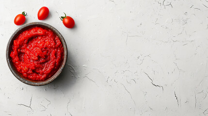 Bowl of tasty tomato paste on white grunge background