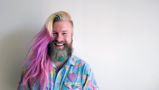 LGBTQIA und Transgender Mann mit langen bunten gef&auml;rbten pink Haaren und Bart lacht in die Kamera