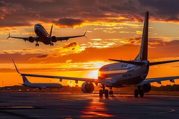 A passenger plane is parked at the airport, with another airplane taking off in the background