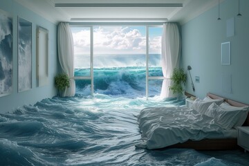 Soothing Bedroom ocean. White villa resort. Generate Ai