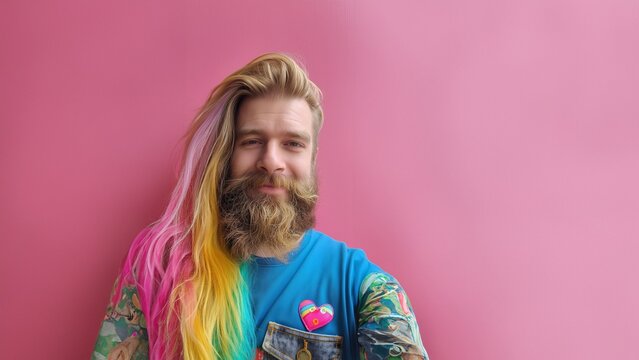 LGBTQIA und Transgender Mann mit langen bunten gef&auml;rbten pink Haaren und Bart lacht in die Kamera