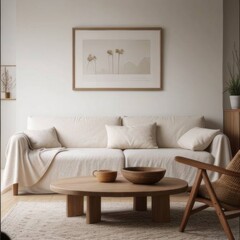 A mockup of an empty blank wooden frame on the wall in cozy living room, wooden coffee table and sofa with beige fabric cover, wooden floorboard