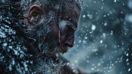 A tight shot captures the grim determination on Odin's face as he parries a lethal strike from Fenrir, their breath visible in the cold Norse air