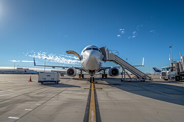 A photo of an airplane being aligned at the airport, with staircases leading to its door and a truck nearby for refueling on the tarmac ground