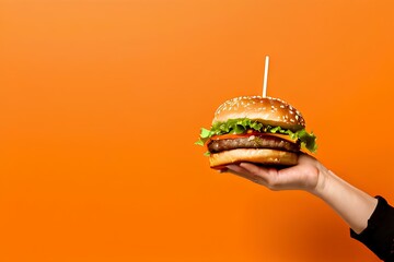 Woman hand holding tasty burger on orange color background.