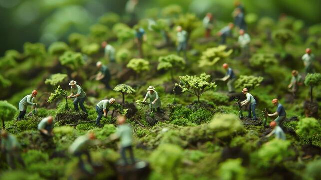 A photorealistic miniature scene with people planting trees on a rich, moss-covered landscape, emphasizing reforestation efforts