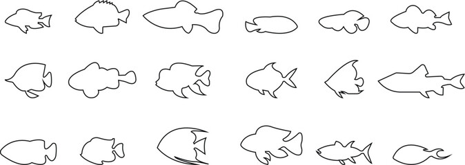 fish icons set showing aquatic animals with various fins, scales, tails and gills swimming in water, as a skeleton or in bowl, Freshwater silhouettes, isolated on transparent background labels design