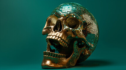 a groovy skull ornament with a material resembling a mirror ball 