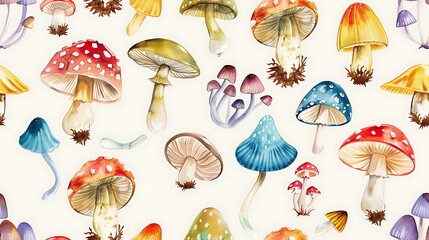 set of mushrooms - seamless pattern of colorful watercolor mushrooms