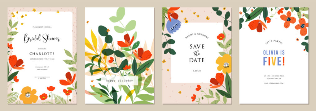 Bright floral artistic templates. For wedding and birthday invitations, and bridal shower, Mothers Day cards, flyer, poster, banner, brochure, menu, post in social networks, events and page cover.