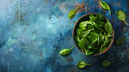 Bowl with fresh spinach leaves on grunge background