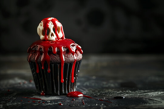 Cream frosting chocolate cupcake with white bone fondant faux fake red blood dripping icing for Halloween party spooky drip mockup gory horror scare baked cake on black background copy space