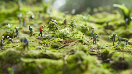A photorealistic miniature scene with people planting trees on a rich, moss-covered landscape, emphasizing reforestation efforts