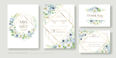 Japanese Anemone and Tweedia flower with greenery for wedding Invitation card, save the date, thank you, rsvp template. Vector
