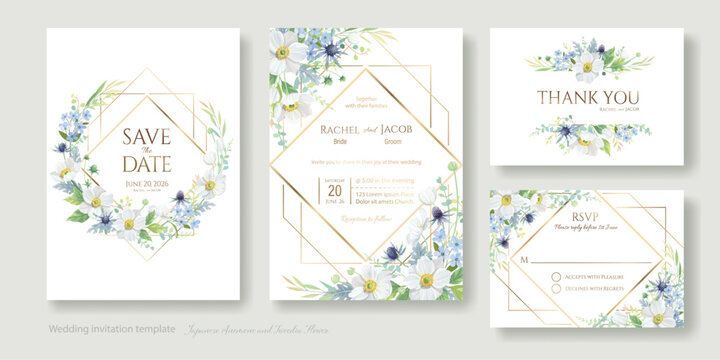 Japanese Anemone and Tweedia flower with greenery for wedding Invitation card, save the date, thank you, rsvp template. Vector