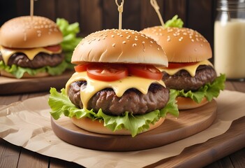 Cheese burgers on a wooden board.