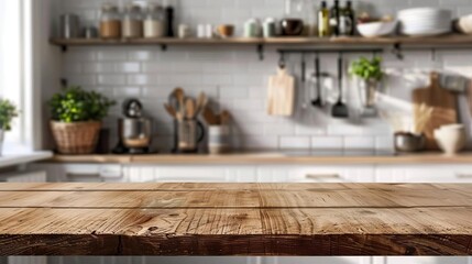 Wooden table foreground with a kitchen background, optimized for product shoots involving kitchen items and culinary setups, complemented by a blurred room effect
