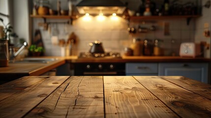 Wooden table foreground with a kitchen background, optimized for product shoots involving kitchen items and culinary setups, complemented by a blurred room effect