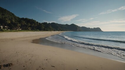 A serene beach with rolling waves and majestic mountains in the background, generative ai.