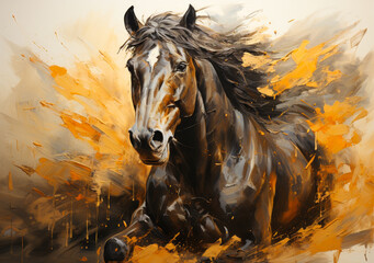 Vibrant Gold Horse Art Painting - Modern Mural with Expressive Knife Strokes, Large Brush Marks on Wall
