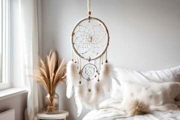 White handmade dreamcatcher in bedroom. Interior decoration. Beautiful dream catcher inside white room at home.