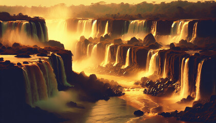 Under the twilight, the Iguaçu Falls display their golden majesty, creating a dazzling spectacle.